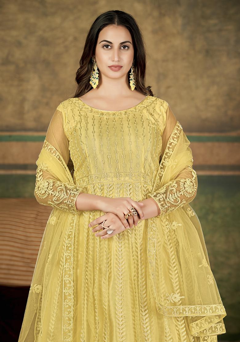 Cream Net Embroidered Anarkali Set With Dupptta