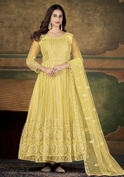 Cream Net Embroidered Anarkali Set With Dupptta