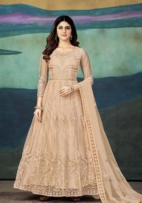 Peach Net Embroidered Anarkali Set With Dupptta