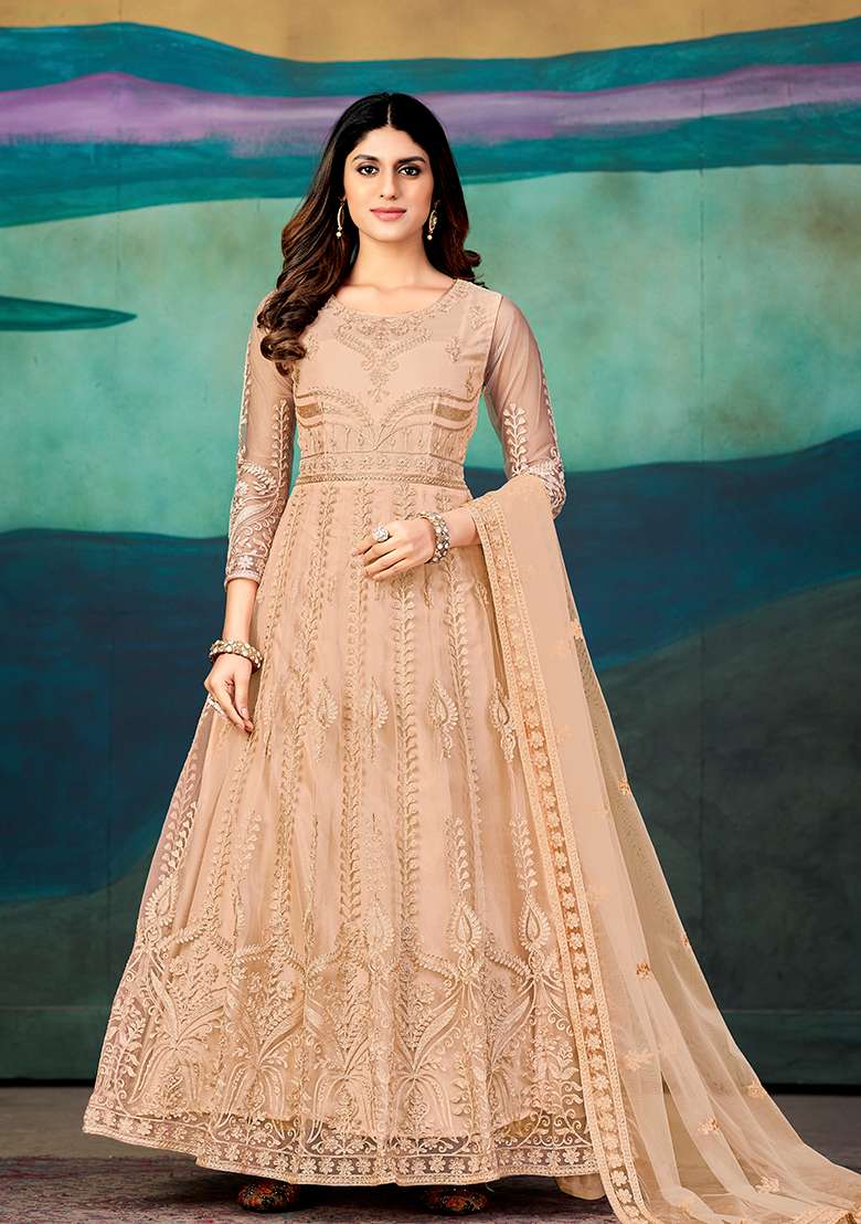 Peach Embroidered Net Anarkali With Dupatta - Indya