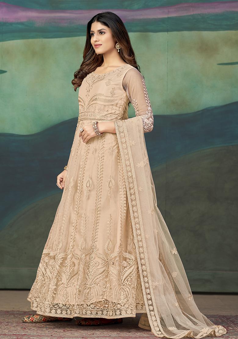Peach Net Embroidered Anarkali Set With Dupptta