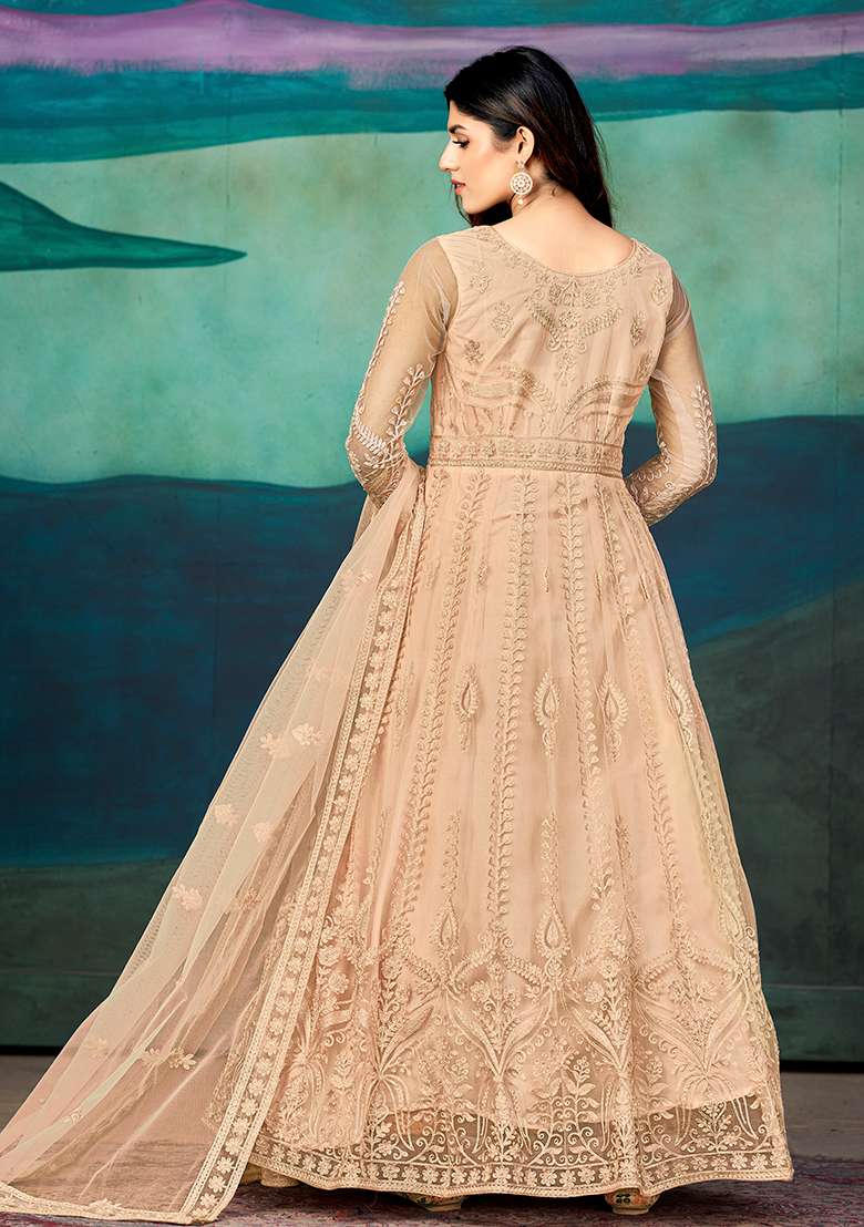 Peach Embroidered Net Anarkali With Dupatta - Indya