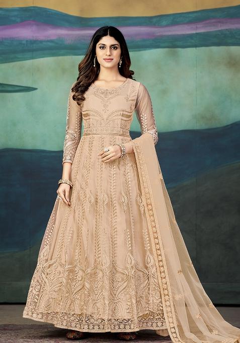 Peach Net Embroidered Anarkali Set With Dupptta
