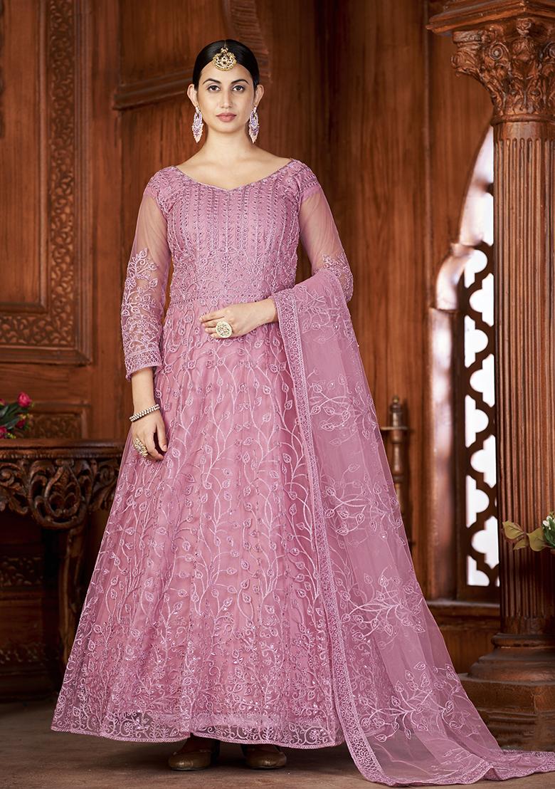 Pink Net Embroidered Anarkali Set With Dupptta