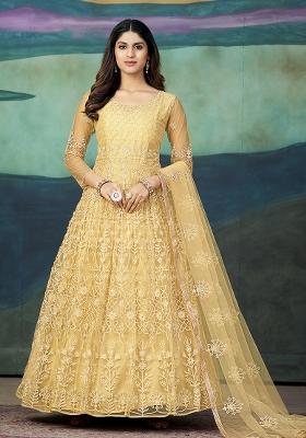Cream Net Embroidered Anarkali Set With Dupptta