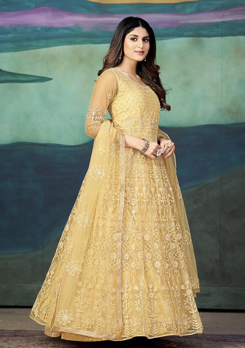 Cream Net Embroidered Anarkali Set With Dupptta