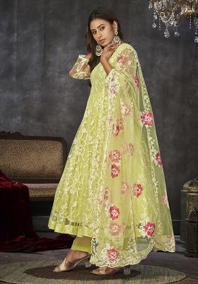 Yellow Net Embroidered Anarkali Set With Dupptta