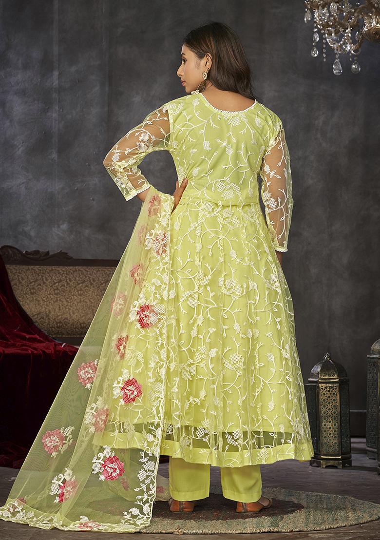 Yellow Net Embroidered Anarkali Set With Dupptta