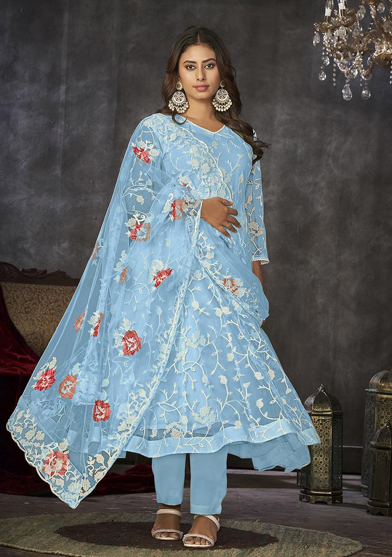 Sku Blue Net Embroidered Anarkali Set With Dupptta