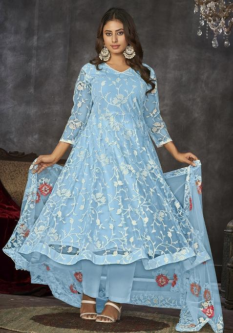 Sku Blue Net Embroidered Anarkali Set With Dupptta