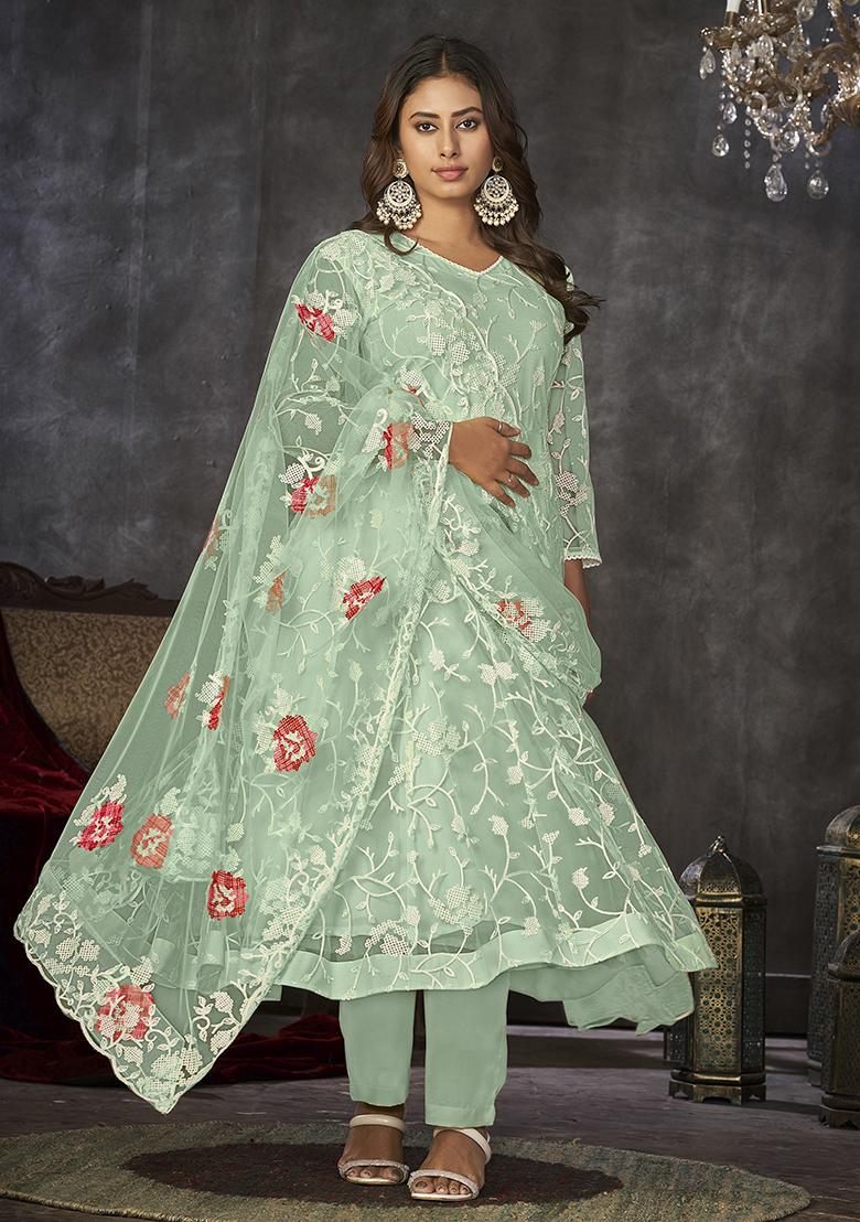 Light Green Net Embroidered Anarkali Set With Dupptta