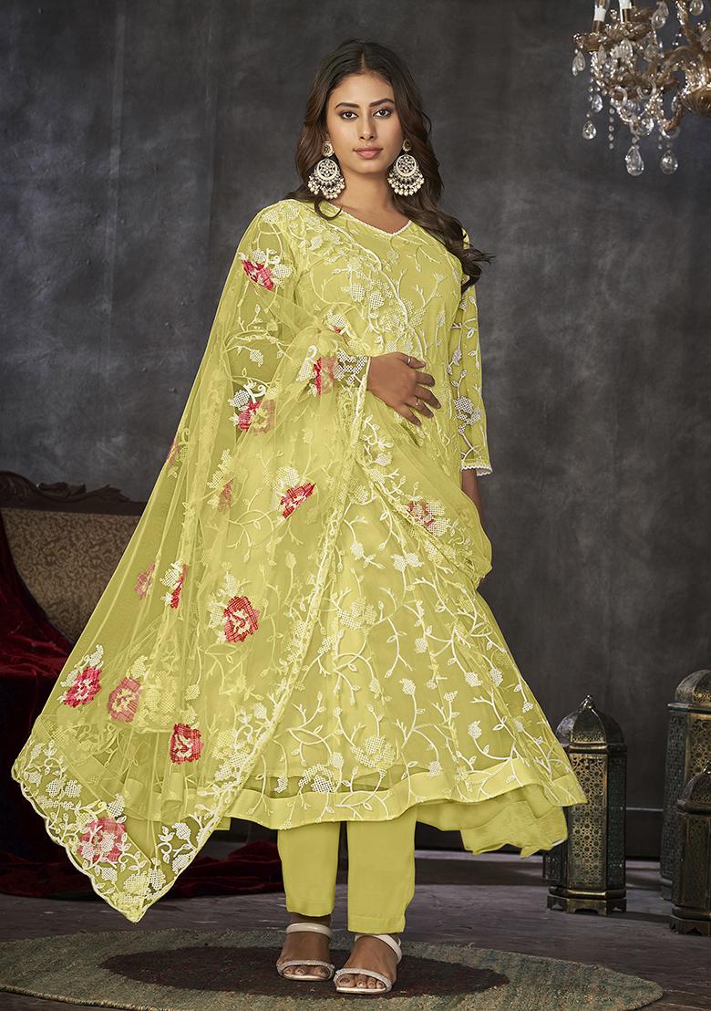 Yellow Net Embroidered Anarkali Set With Dupptta