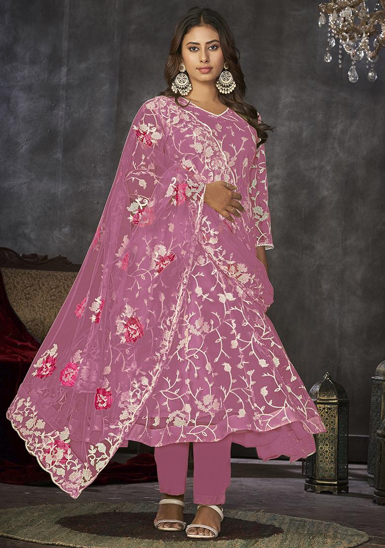 Pink Net Embroidered Anarkali Set With Dupptta