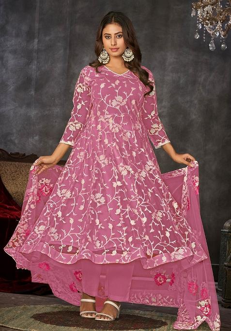 Pink Net Embroidered Anarkali Set With Dupptta