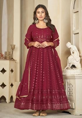 Maroon Georgette Embroidered Anarkali Set With Dupptta