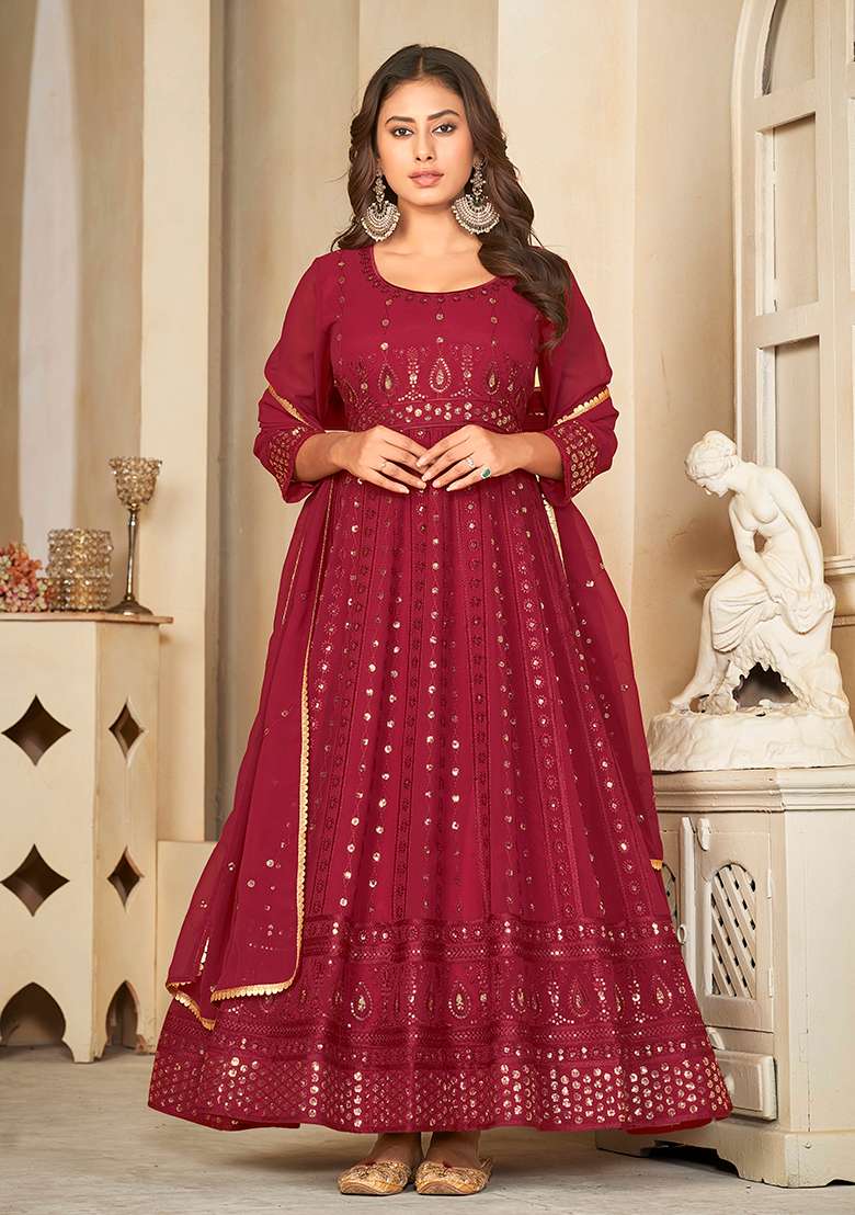 Maroon Embroidered Georgette Anarkali With Dupatta - Indya