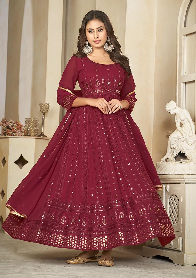 Maroon Georgette Embroidered Anarkali Set With Dupptta