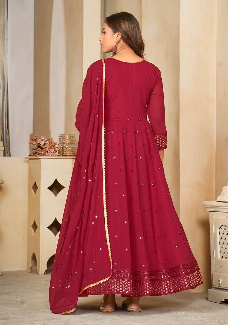 Maroon Embroidered Georgette Anarkali With Dupatta - Indya