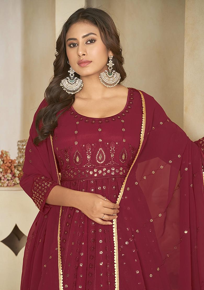Maroon Georgette Embroidered Anarkali Set With Dupptta
