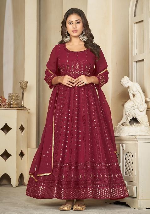 Maroon Georgette Embroidered Anarkali Set With Dupptta