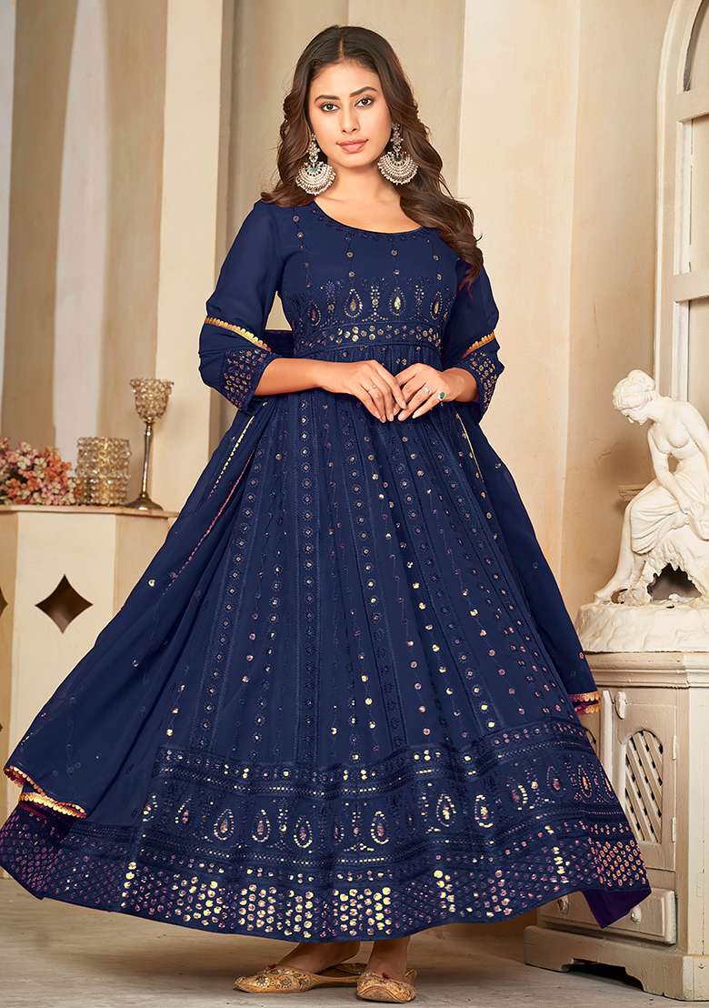 Blue Sequin Work Georgette Anarkali With Dupatta - Indya