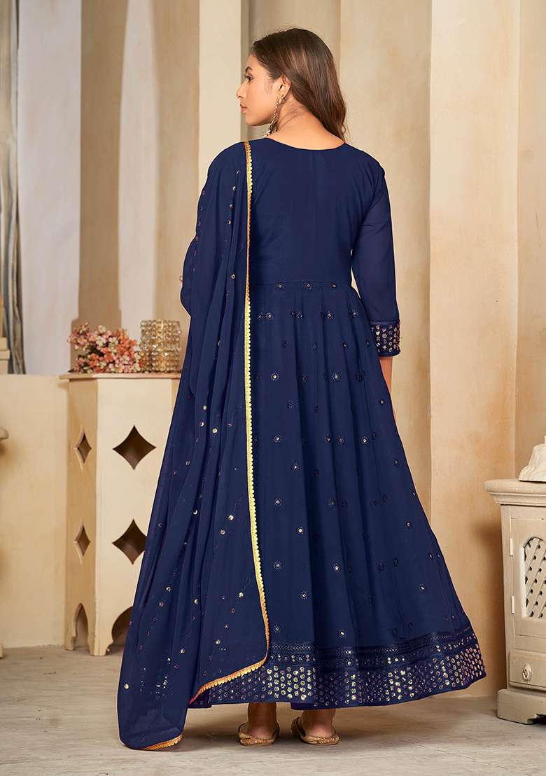 Blue Sequin Work Georgette Anarkali With Dupatta - Indya