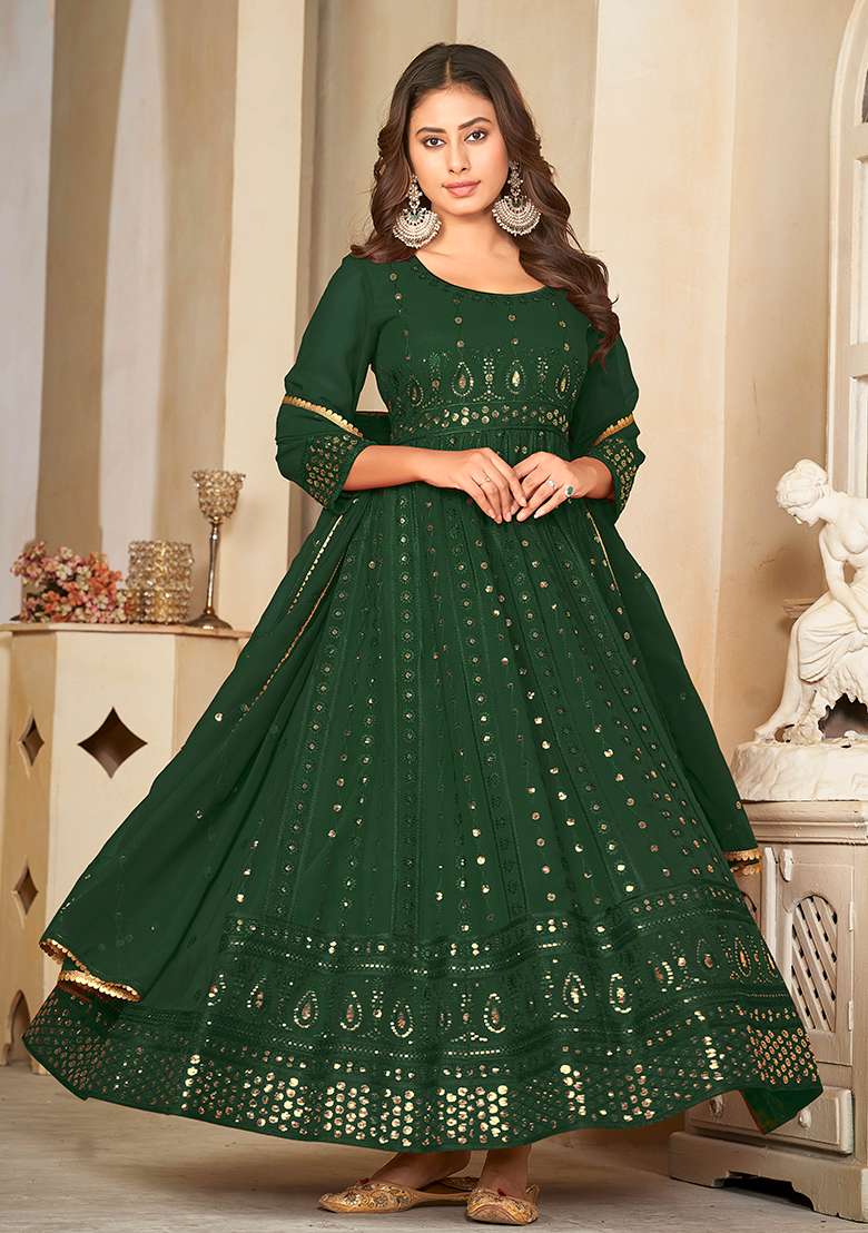 Green Embroidered Georgette Anarkali With Dupatta - Indya