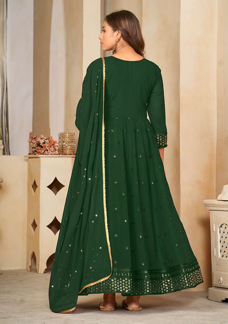 Green Embroidered Georgette Anarkali With Dupatta - Indya
