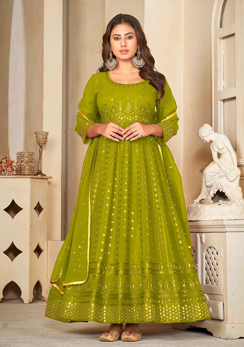 Light Green Embroidered Georgette Anarkali Set - Indya