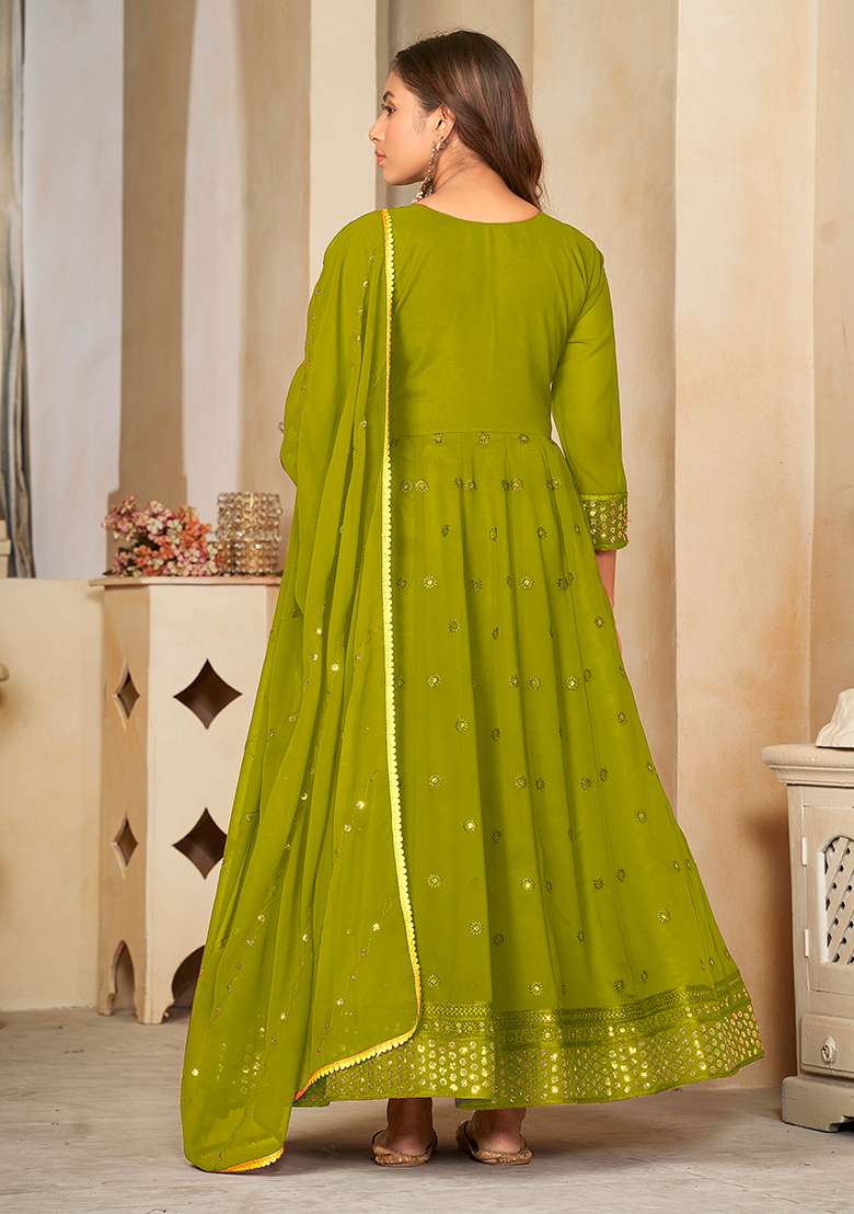 Light Green Embroidered Georgette Anarkali Set - Indya