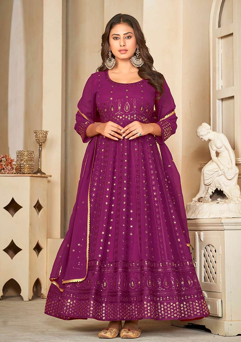 Purple Embroidered Georgette Anarkali Set - Indya
