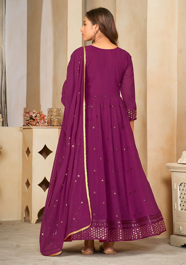 Purple Embroidered Georgette Anarkali Set - Indya