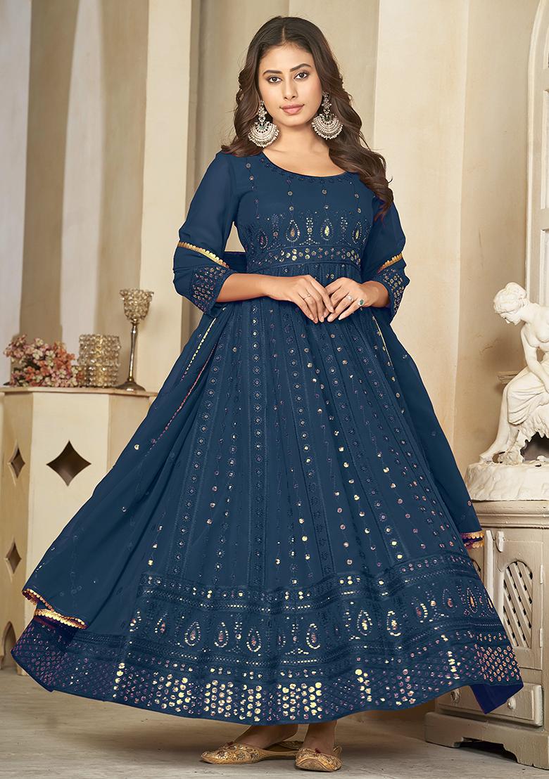 Rama Georgette Embroidered Anarkali Set With Dupptta