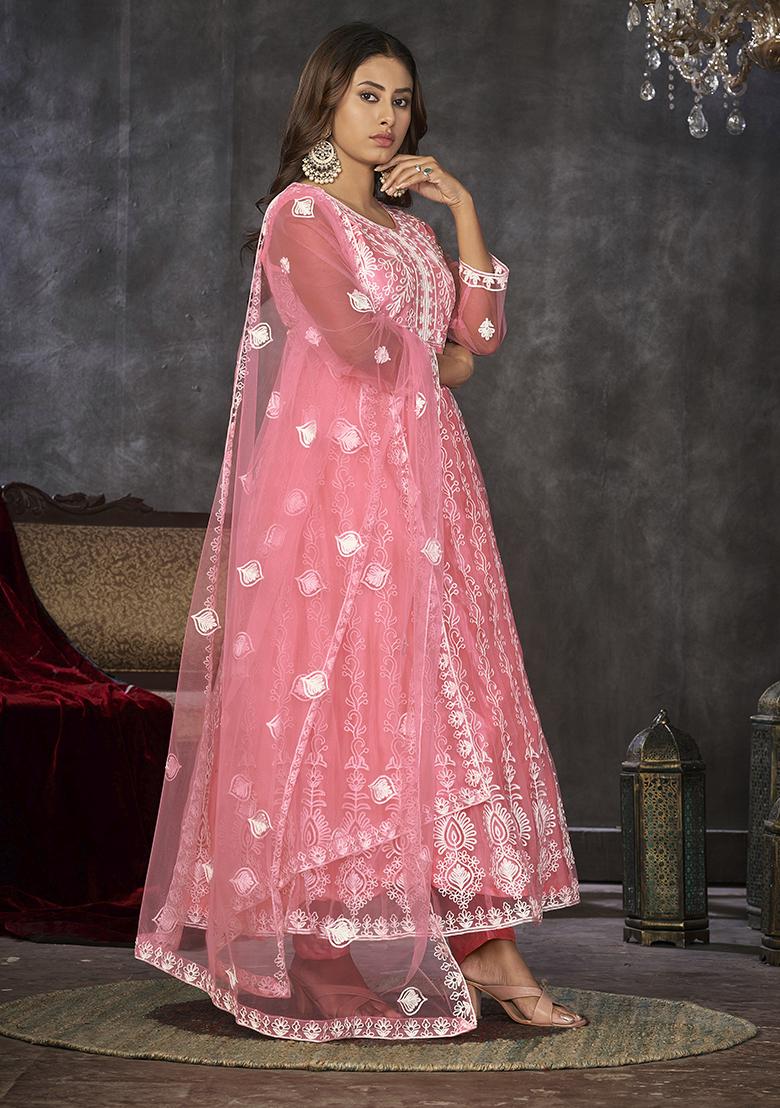 Peach Net Embroidered Anarkali Set With Dupptta