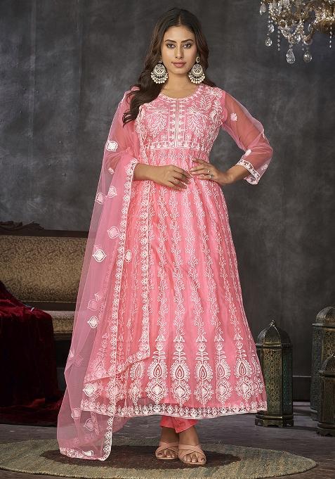 Peach Net Embroidered Anarkali Set With Dupptta