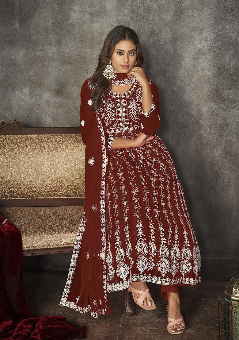 Maroon Net Embroidered Anarkali Set With Dupptta