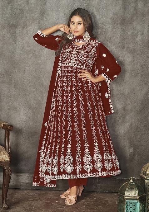 Maroon Net Embroidered Anarkali Set With Dupptta