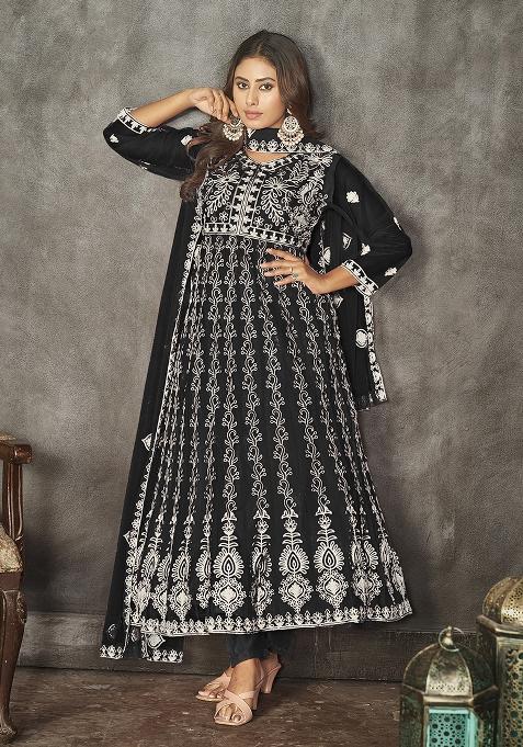 Black Net Embroidered Anarkali Set With Dupptta