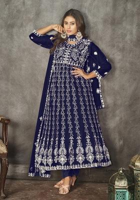 Blue Net Embroidered Anarkali Set With Dupptta
