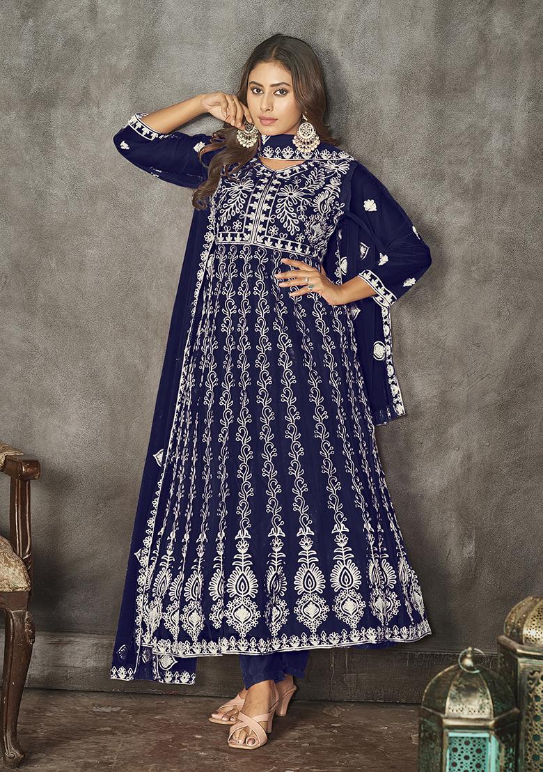 Blue Net Embroidered Anarkali Set With Dupptta