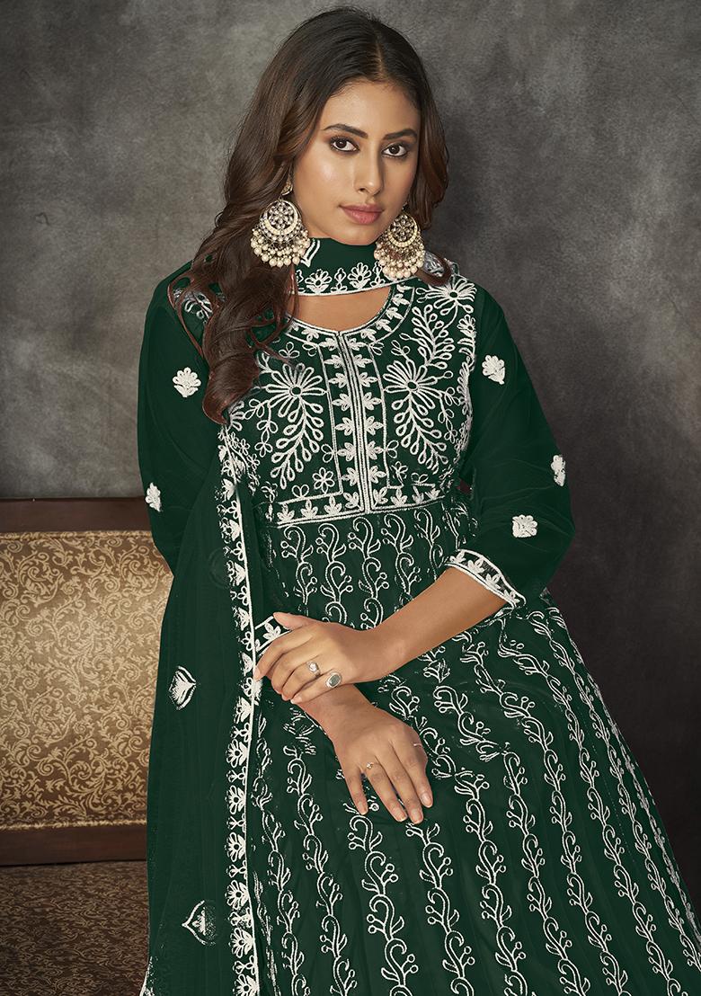 Green Net Embroidered Anarkali Set With Dupptta