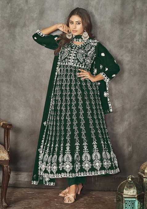 Green Net Embroidered Anarkali Set With Dupptta