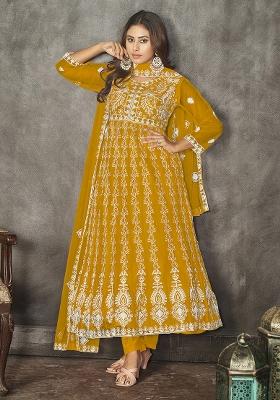 Yellow Net Embroidered Anarkali Set With Dupptta