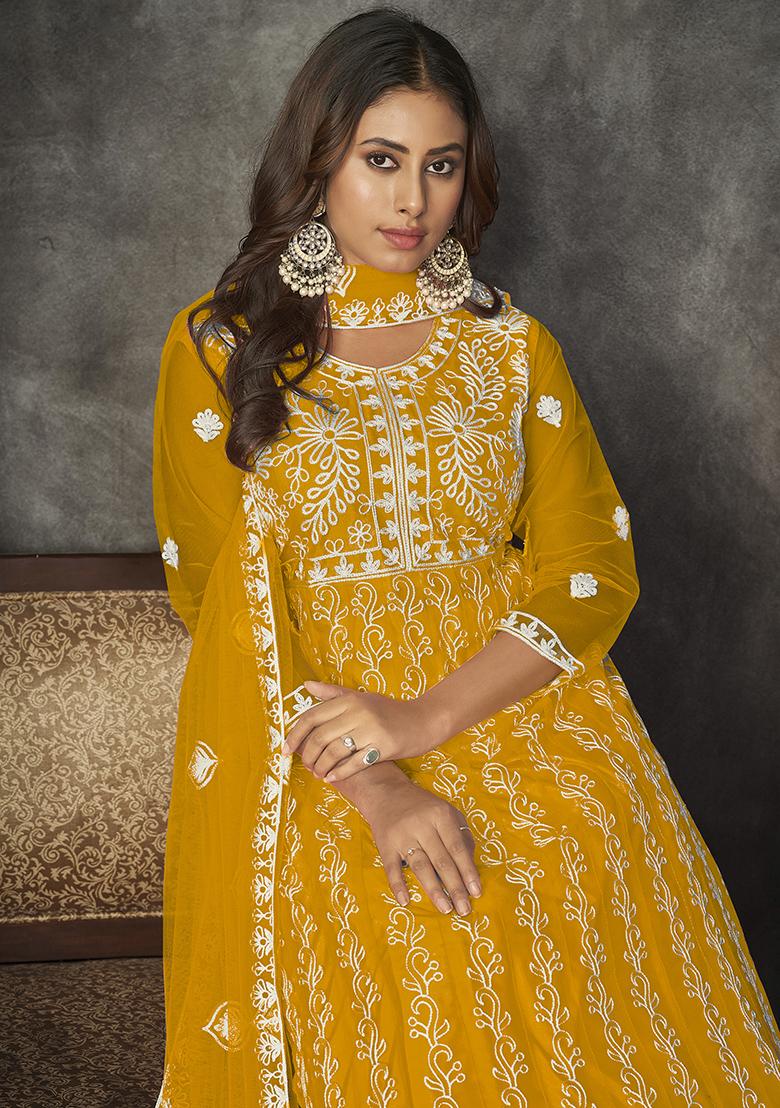 Yellow Net Embroidered Anarkali Set With Dupptta