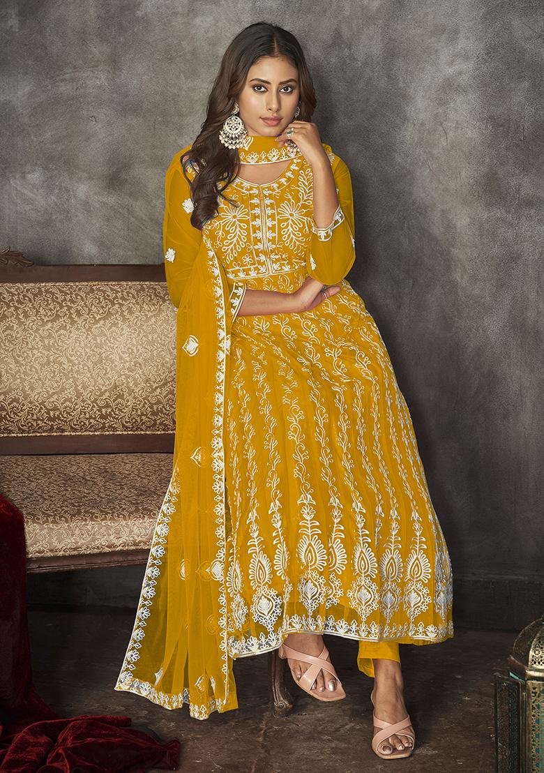 Yellow Net Embroidered Anarkali Set With Dupptta