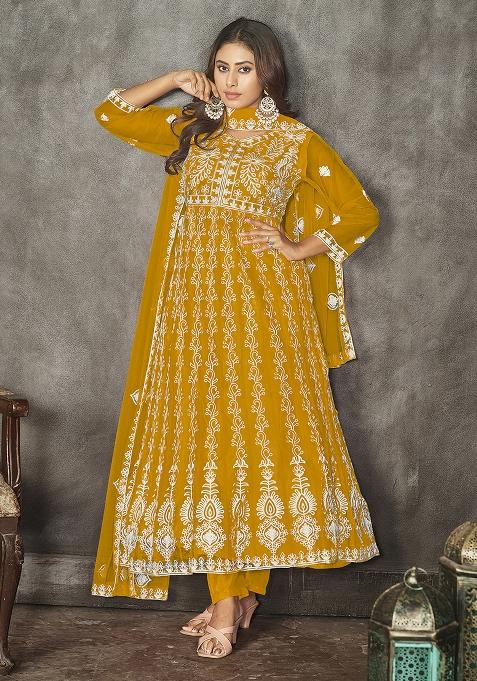 Yellow Net Embroidered Anarkali Set With Dupptta