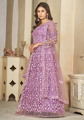 Light Purple Net Embroidered Anarkali Set With Dupptta