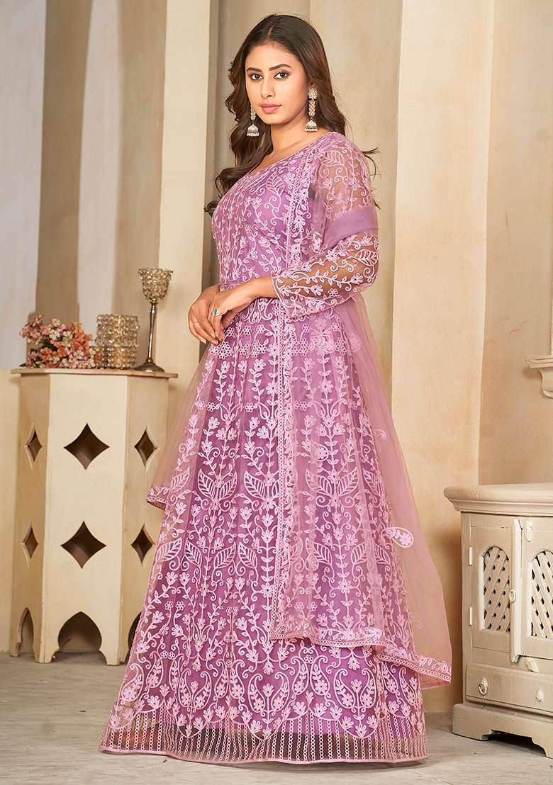 Light Purple Embroidered Net Sharara Set - Indya