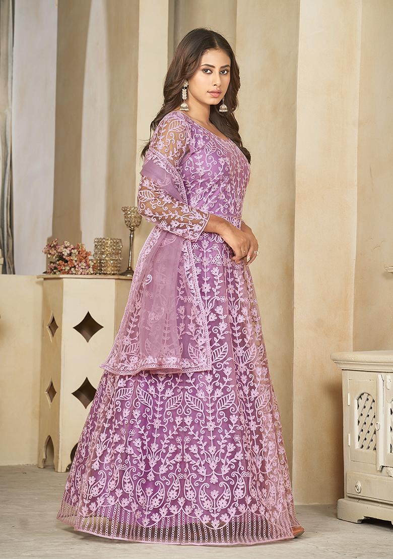 Light Purple Net Embroidered Anarkali Set With Dupptta