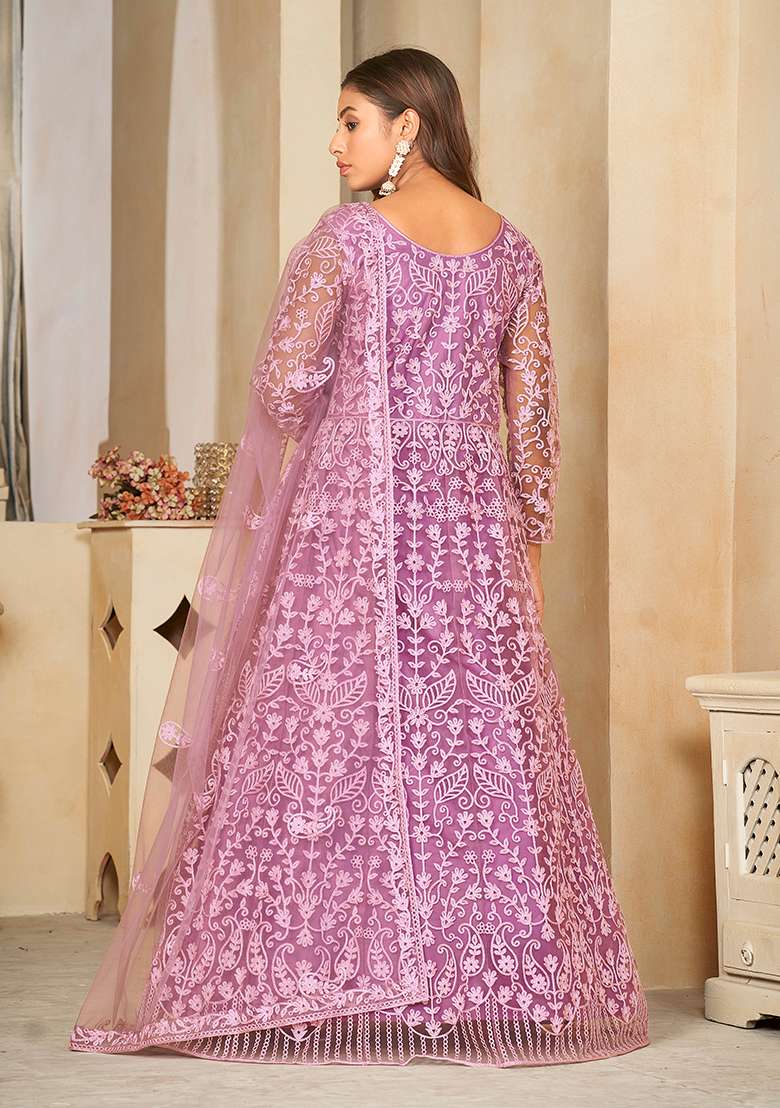 Light Purple Embroidered Net Sharara Set - Indya